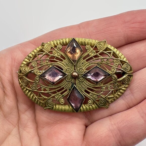Victorian Brooch, Edwardian, Purple, Filagree, Rhinestones, 2" Long, Vintage - Picture 2 of 4